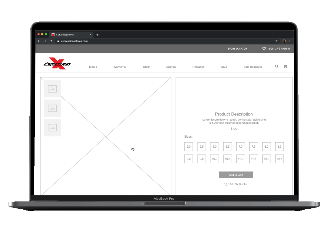 Product detail wireframe with size selection, add to cart, and wishlist